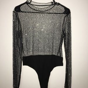 bedazzled rhinestone black mesh one piece
